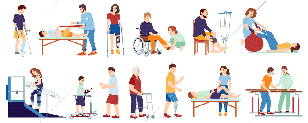 Orthopedic therapy rehabilitation set with flat isolated icons of aids patients and medical specialists doodle characters vector illustration