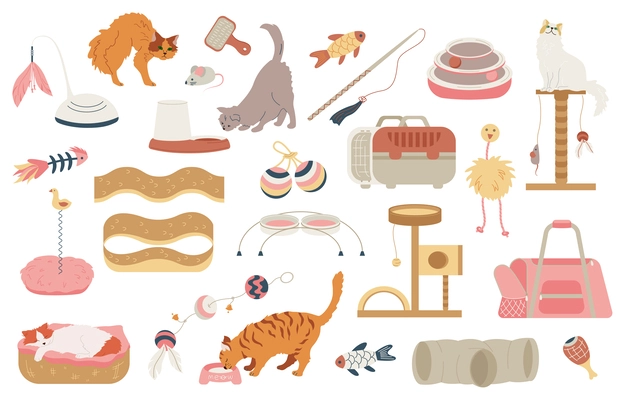 Cat accessories flat set of isolated icons with fluffy mouse toys condos baskets and pet carriers vector illustration