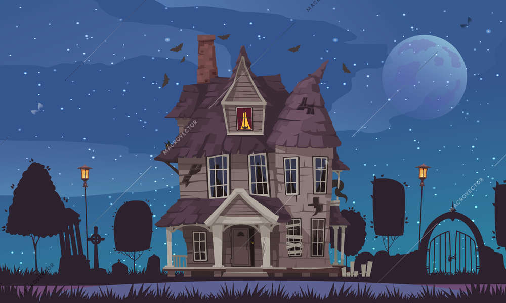 Horror house poster with neglected building with night cemetery on background cartoon vector illustration