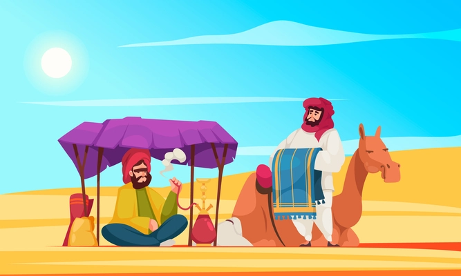 Desert cartoon poster with people in traditional arab clothes and camel vector illustration
