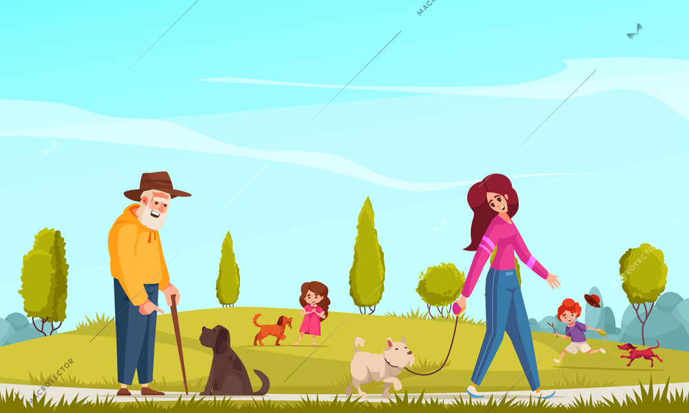 Dog walking cartoon poster with happy pet owners in park vector illustration