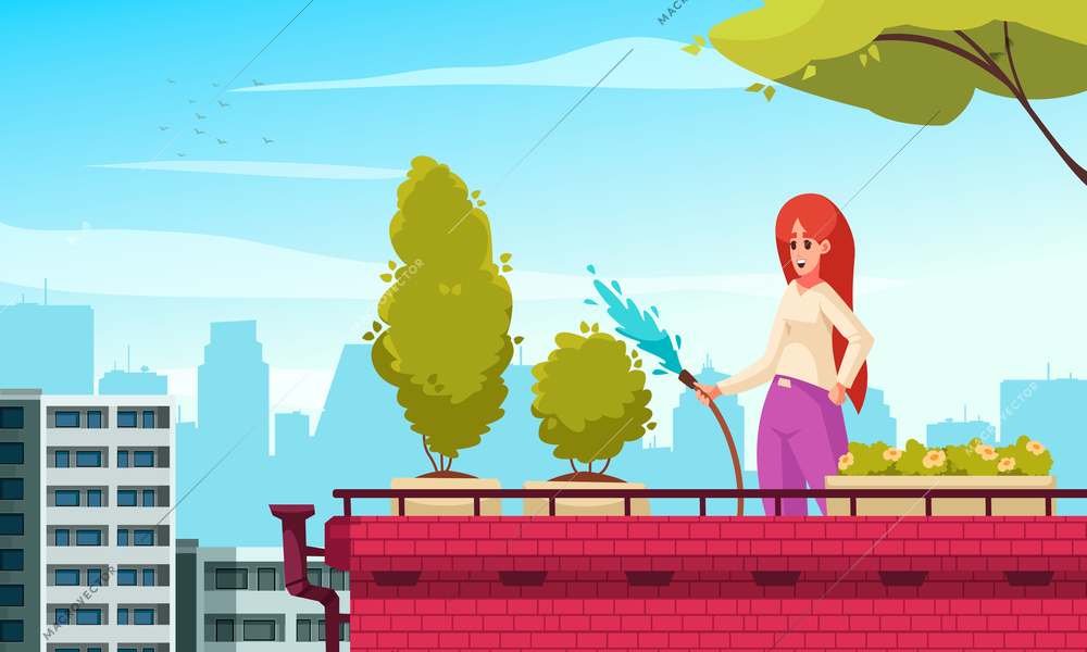 Urban gardening cartoon concept with woman watering plants growing on building rooftop vector illustration