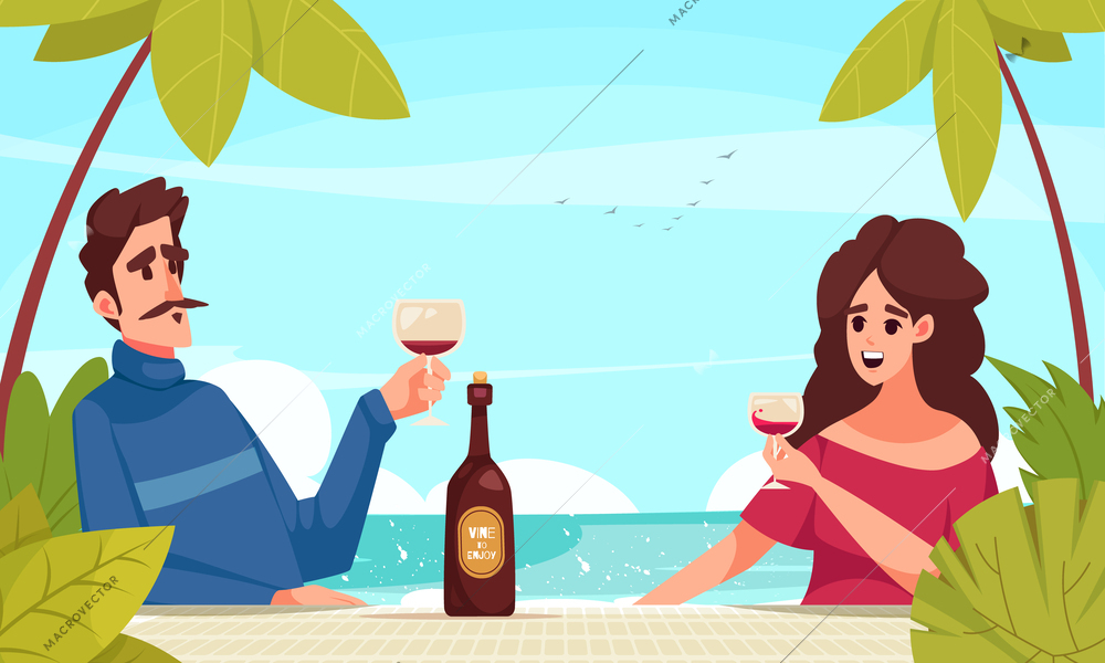 Wine cartoon scene with young couple drinking on seashore background vector illustration