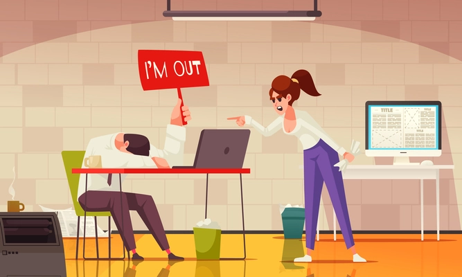 Office stress cartoon composition with woman shouting on stressed colleague vector illustration