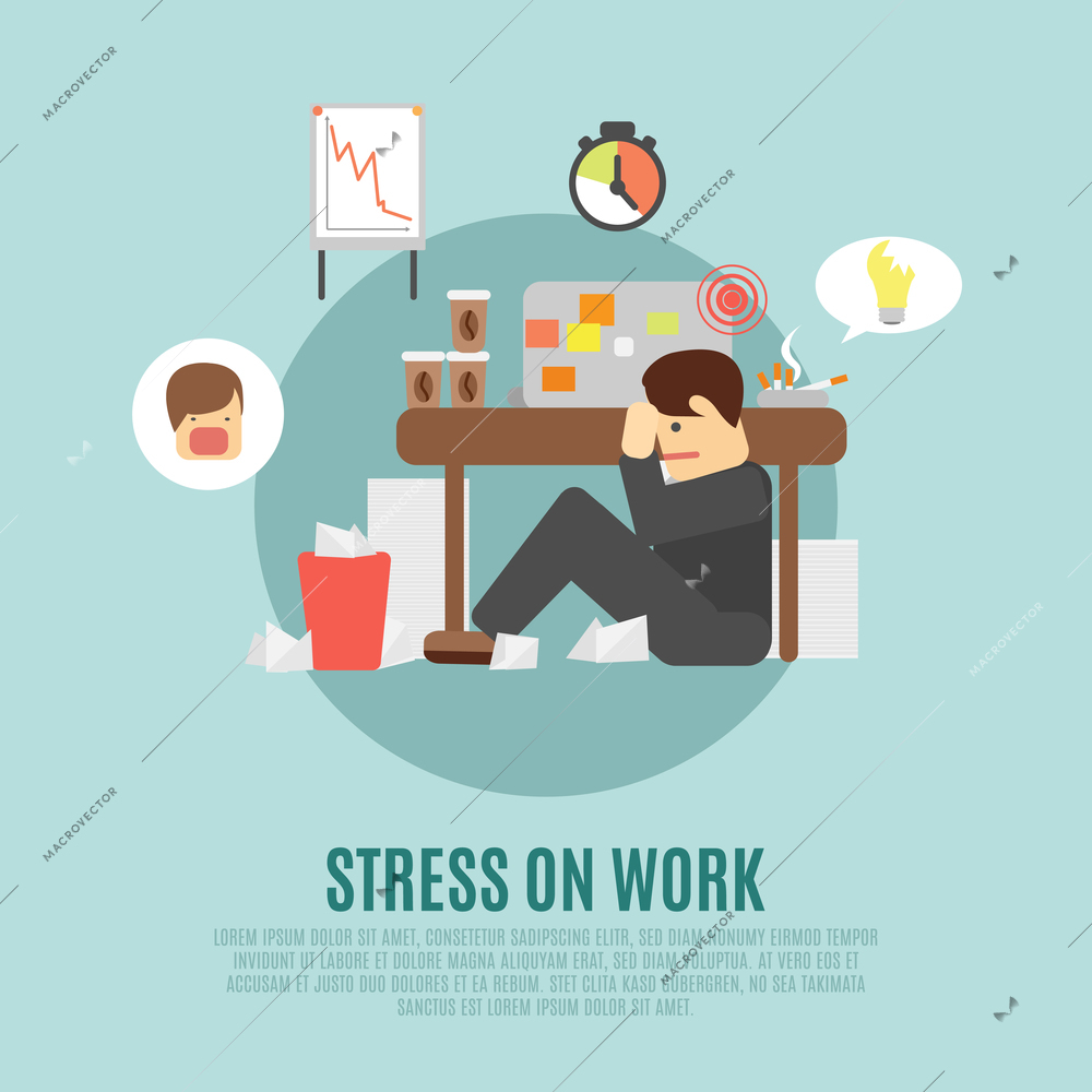 Stress on work flat icon with overworking employee  man cartoon character fearing angry boss abstract vector illustration