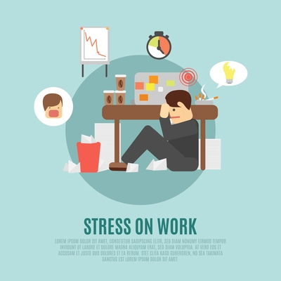 Stress on work flat icon with overworking employee  man cartoon character fearing angry boss abstract vector illustration