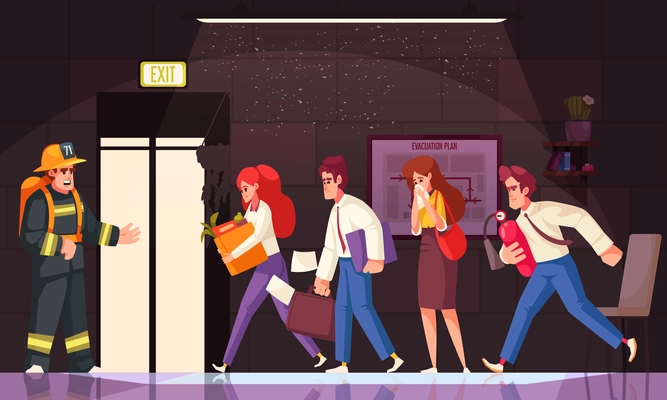 Evacation cartoon concept with office workers leaving the building vector illustration