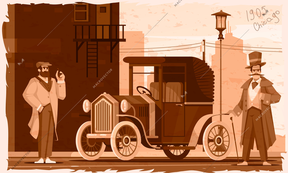 Gentlemen cartoon poster with males in old style clothing and retro auto sepia vectro illustration