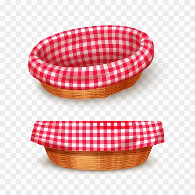 Empty oval wicker basket with red and white checkered cloth realistic set isolated on transparent background vector illustration