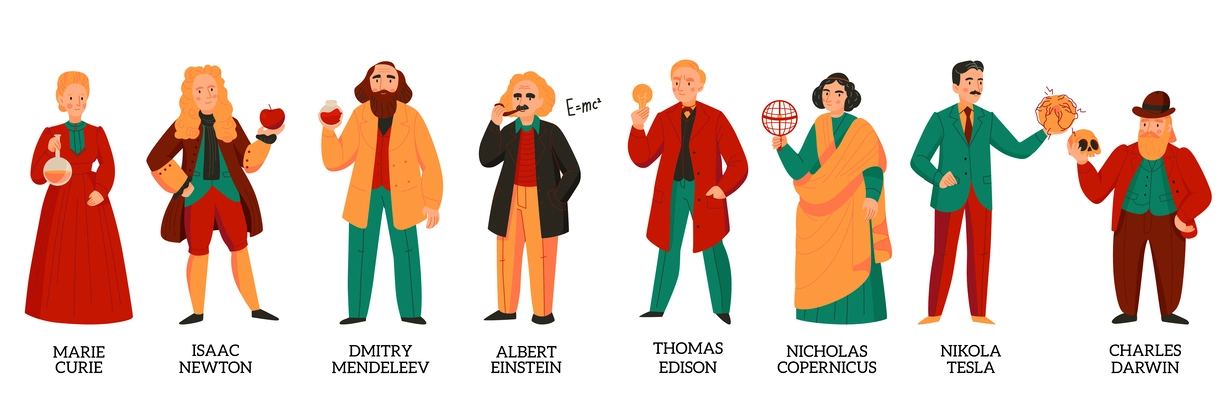 Great scientists color set with flat characters of marie curie albert einstein nikola tesla nicholas copernicus and others isolated vector illustration