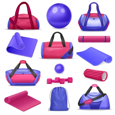 Realistic pink and blue set of gym bags fitness tools with mats roller ball dumbbells isolated vector illustration