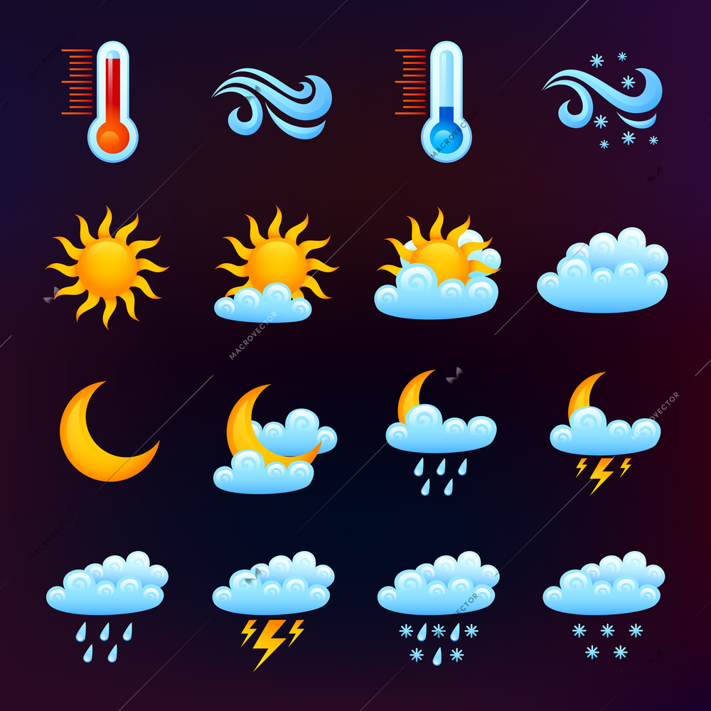 Weather forecast decorative icons set on dark background isolated vector illustration