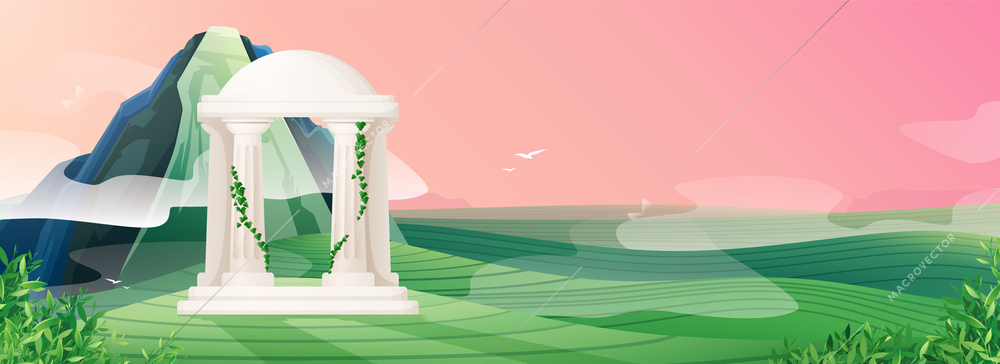 Flat landscape with concrete gazebo in greek style with vine on columns and green valley vector illustration