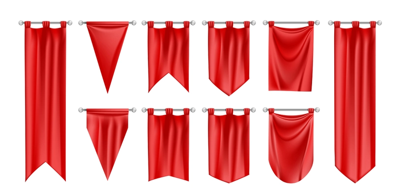 Realistic flag pennant mockup set with isolated images of hanging red pennons of different border shape vector illustration