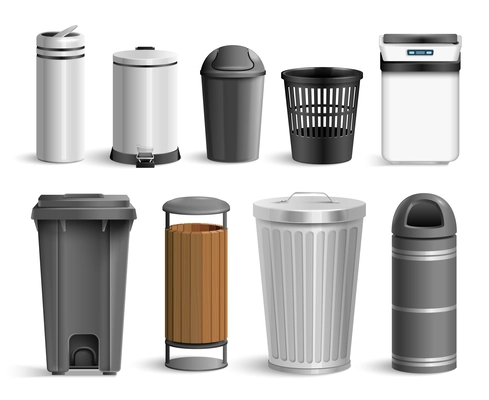Realistic bin trash bucket set with isolated images of various waste containers for different use situations vector illustration