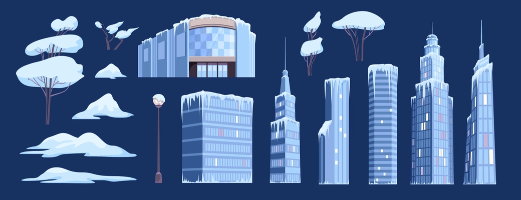 Ice snow modern city background set with isolated elements of cityscape buildings and trees in snow vector illustration