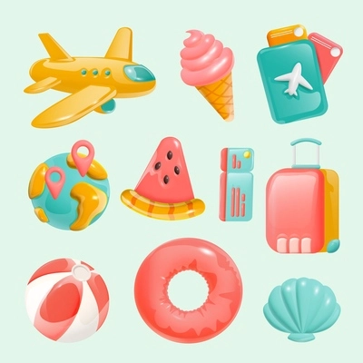 Travel color set of plane suitcase globe lifebuoy volleyball ball seashell cartoon icons isolated vector illustration isolated vector illustration