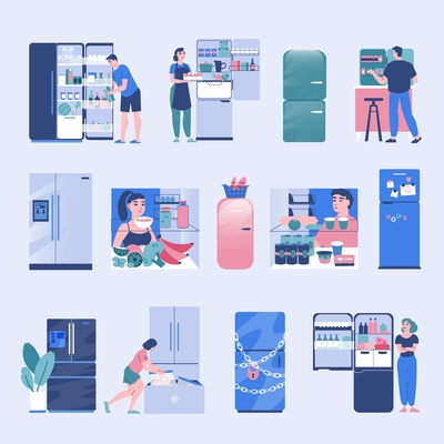 Fridge and people color set of human characters using refrigerator at home for storing food isolated vector illustration