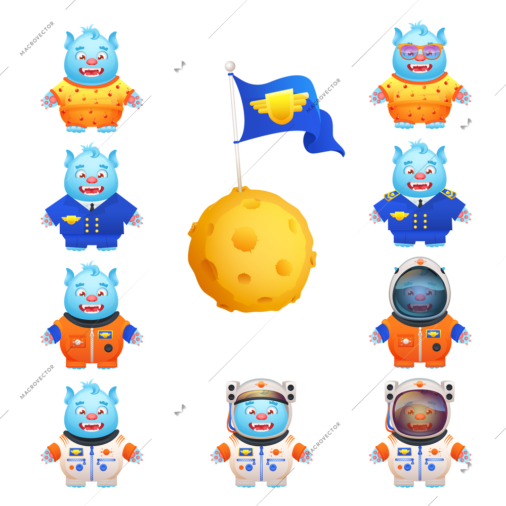 Funny cute monsters in pajamas space travel suit pilot uniform character cartoon set isolated vector illustration