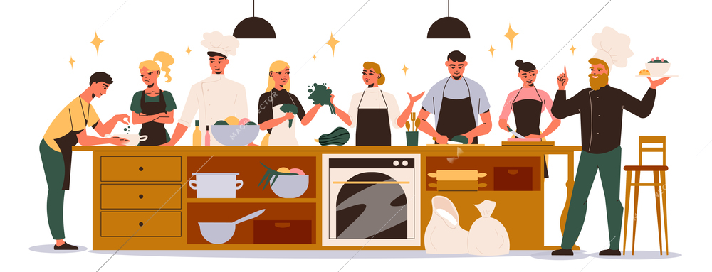 Culinary classes flat composition with group of adult people cooking together under the guidance of chef vector illustration