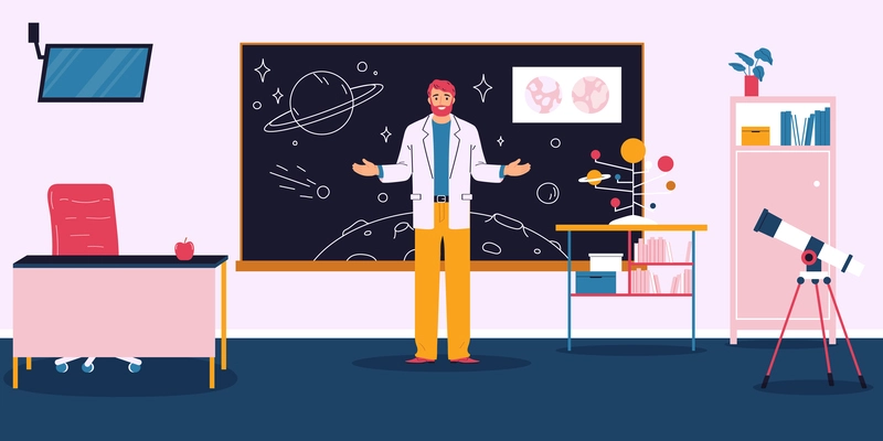 Male astronomy school teacher in front of blackboard in modern classroom with telescope tv and solar system model flat vector illustration