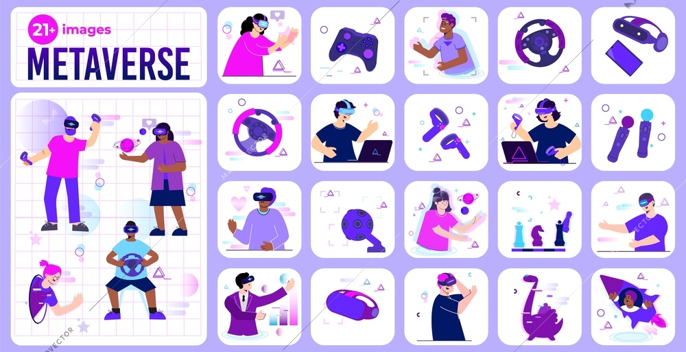 Metaverse set with square compositions of flat images with gamepads vr headsets joysticks and involved people vector illustration