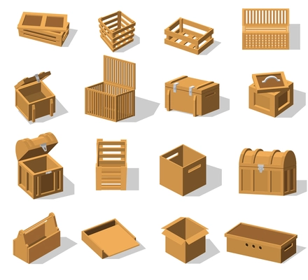 Boxes 3d set with isolated cumbersome icons of vintage and modern wooden boxes on blank background vector illustration