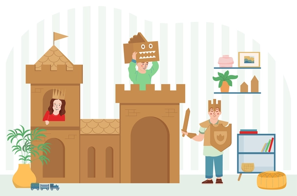 Cardboard castle concept with children playing fairytale heroes vector illustration