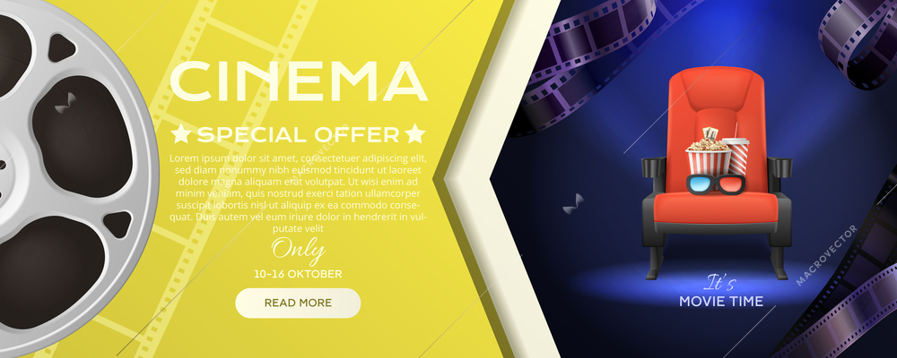 Cinema movie time horizontal banner template with popcorn and 3d glasses on red seat and read more button realistic vector illustration