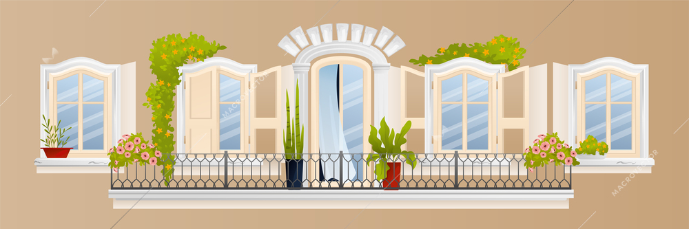 Vintage balcony composition beige wall with five white windows fence and flower beds vector illustration