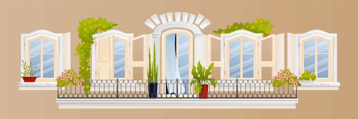 Vintage balcony composition beige wall with five white windows fence and flower beds vector illustration