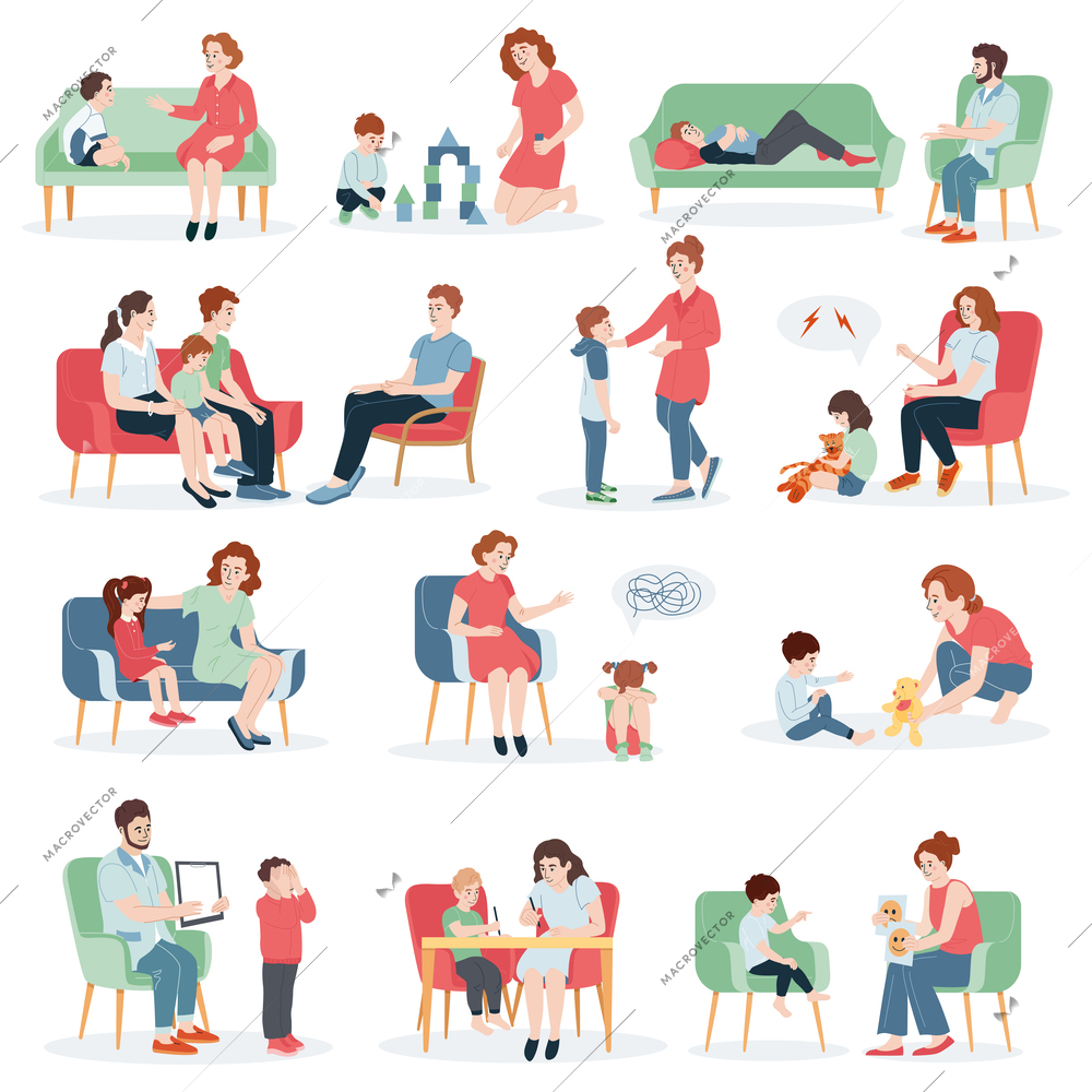 Child psychologist flat icons set with kids psychological counselling scenes isolated vector illustration