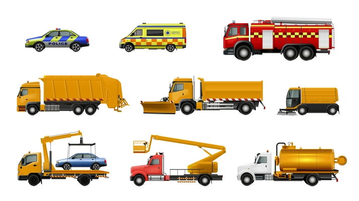 Municipal vehicles set with tow truck and ambulance realistic isolated vector illustration