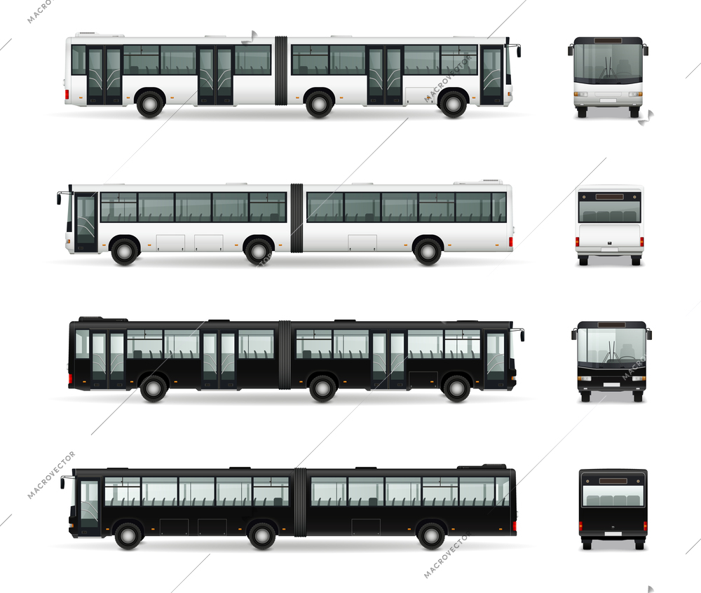 Bus mockup set with isolated realistic images of black and white colored buses with twin coach vector illustration