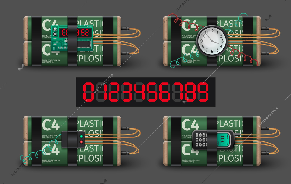 Realistic set of c4 plastic explosive bombs with digital and clock timers isolated on grey background vector illustration