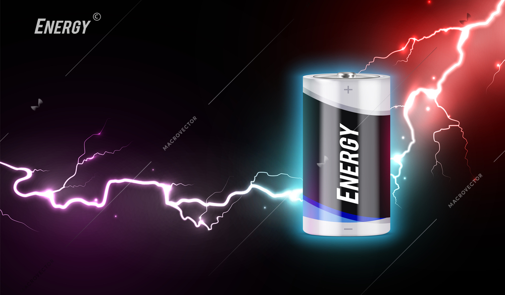 Energy colored realistic composition with electrical battery at flash of lightning background vector illustration
