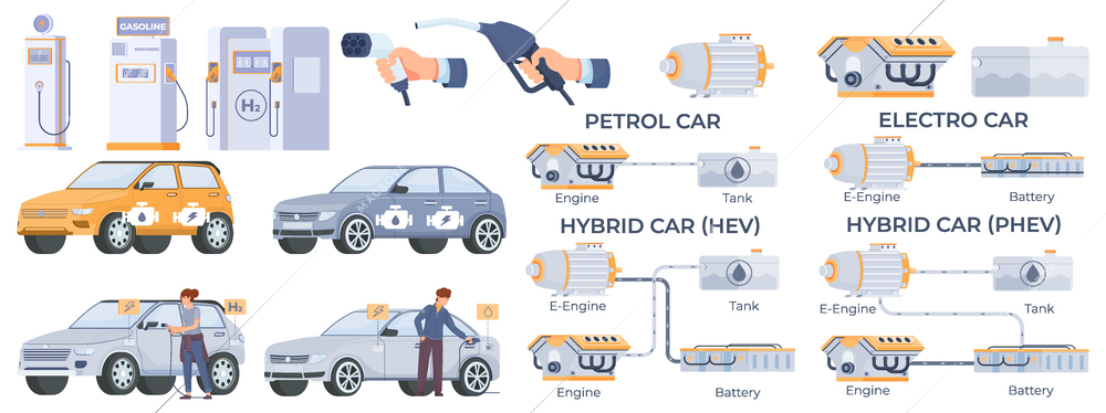 Hybrid car set with transportation symbols flat isolated vector illustration