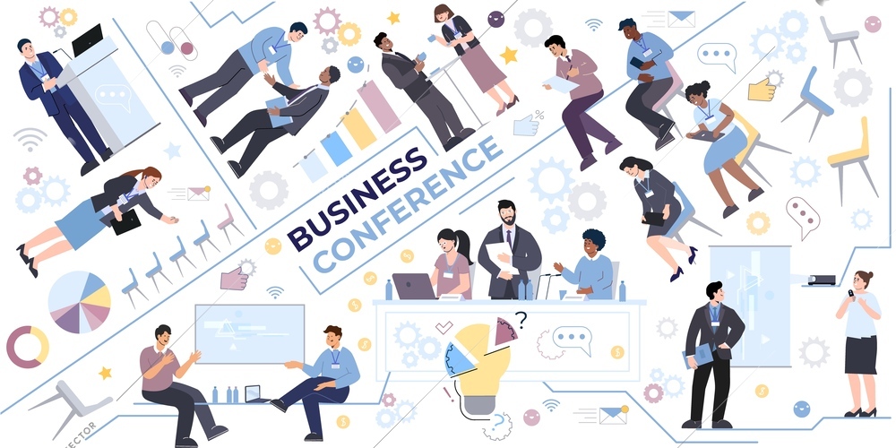 Business conference composition with flat infographic icons bar chart elements doodle human characters and editable text vector illustration