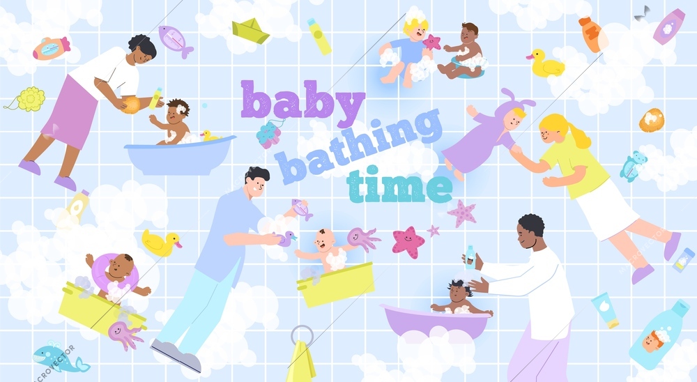 Baby bathing time flat background with composition of flat icons abstract elements with text and people vector illustration