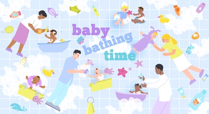 Baby bathing time flat background with composition of flat icons abstract elements with text and people vector illustration