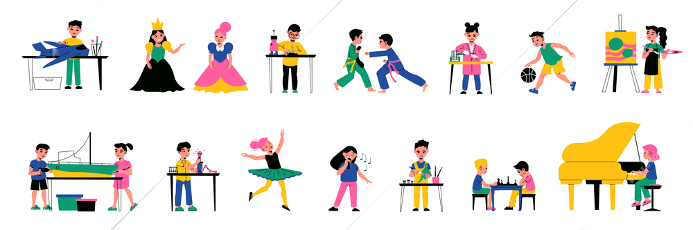 Flat color set of children doing various hobbies painting playing piano chess singing robotics drama isolated vector illustration