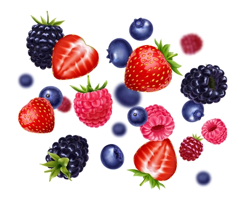 Realistic flying berries with strawberry blueberry blackberry raspberry and blurred elements against white background vector illustration