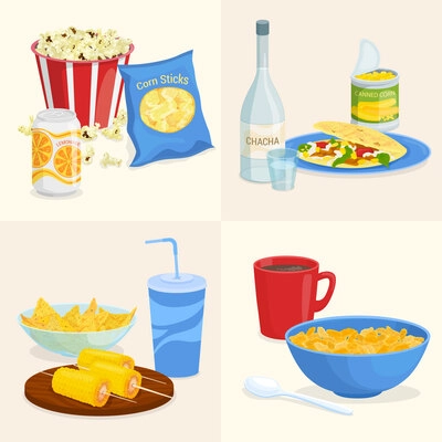 Corn products flat set with four square compositions of served dishes with plates drinks and fastfood vector illustration