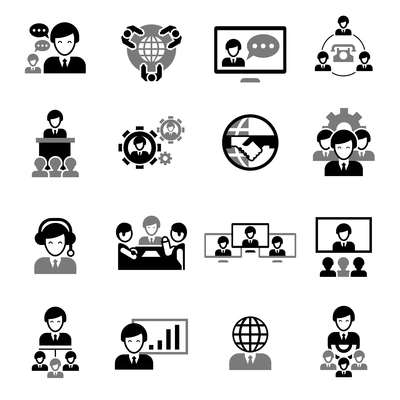 Business meeting icons black set with office team work symbols isolated vector illustration