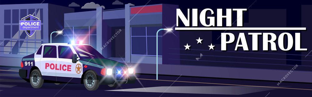 Police transport flat composition with horizontal background night street scenery moving patrol car and editable text vector illustration