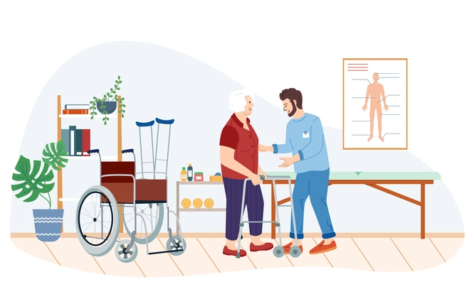 Orthopedic therapy rehabilitation flat composition with old women getting assistance from physician with treatment room scenery vector illustration