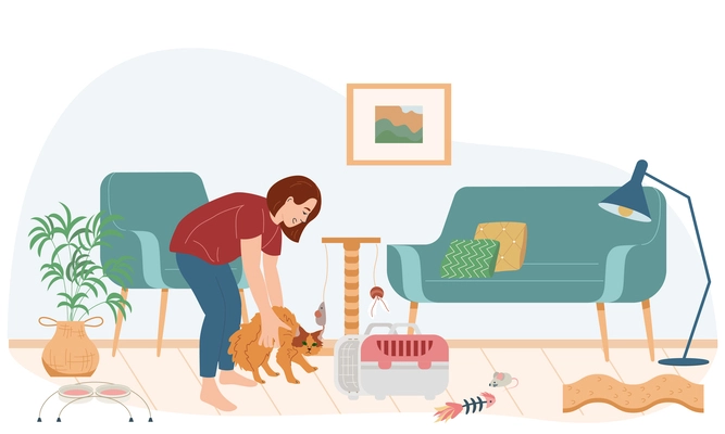 Cat accessories flat composition of living room interior with condo pet carrier and girl holding cat vector illustration