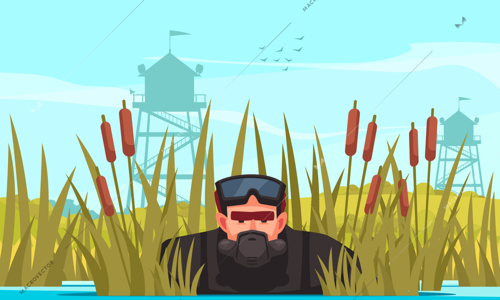 Super agent cartoon poster with undercover investigator hiding in a swamp vector illustration