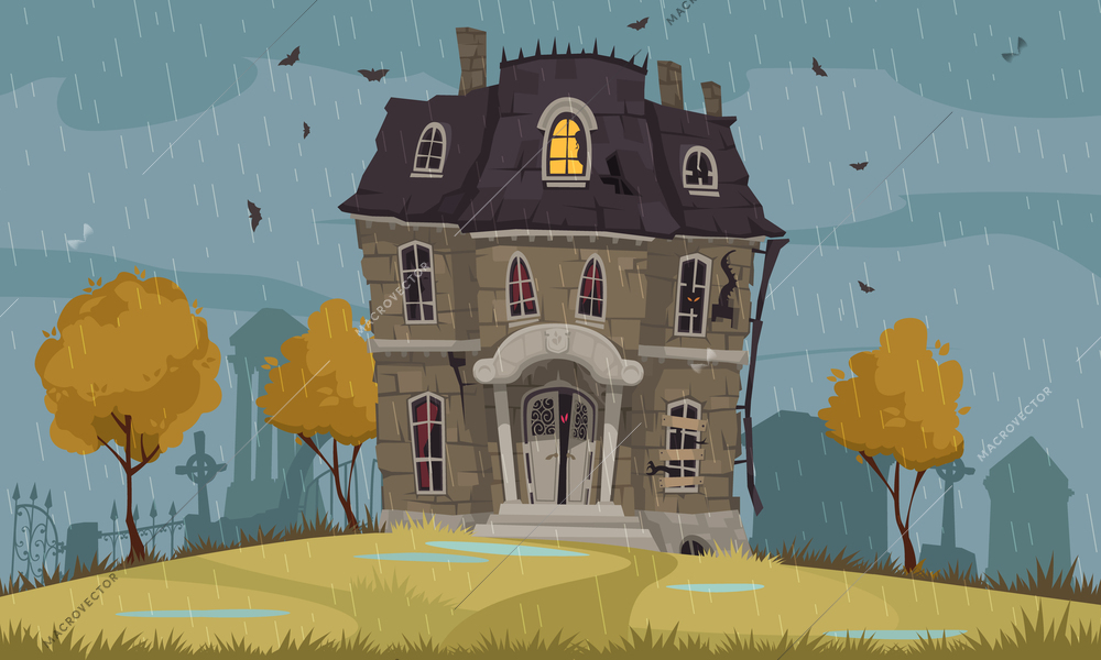 Scary house cartoon poster with horror building on raining background vector illustration