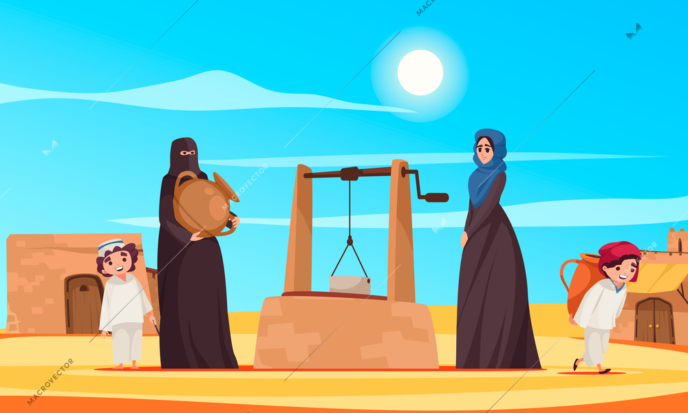 Desert scene cartoon poster with women in traditional clothes near the well vector illustration